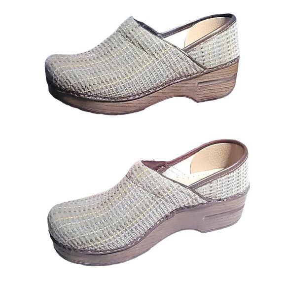 Dansko Women's Green Canvas Fabric Polka Dot Stripe Clogs Slip On Mules size 37 - Picture 1 of 10